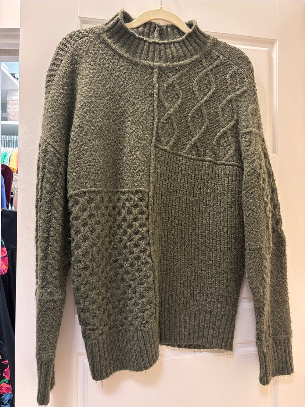 American Eagle Outfitters Olive Patchwork Cable Knit Turtleneck Sweater